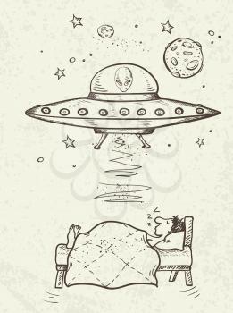 Fantastic doodle background with UFO abducts a sleeping man. Vector illustration.