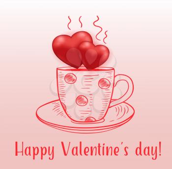 Coffee cup with red hearts on a pink background. Greeting card for Valentine's day. Hand drawn vector illustration.