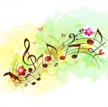 Abstract music background with notes, tropical flowers and watercolor texture. 