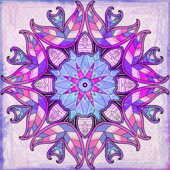 Abstract violet round oriental ornament on a grunge background. Hand drawn vector illustration.