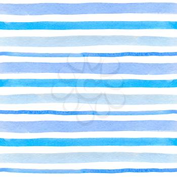 Watercolor striped seamless pattern with blue lines on a white background. Hand drawn vector illustration