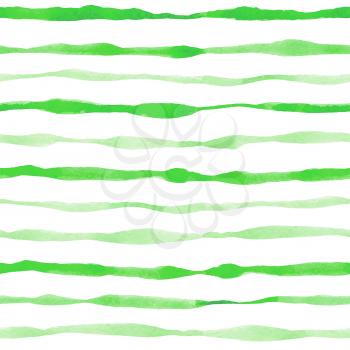 Green striped watercolor seamless pattern with wavy lines. Hand drawn vector background