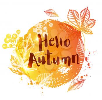Abstract orange autumn background with falling leaves. Hello autumn lettering.