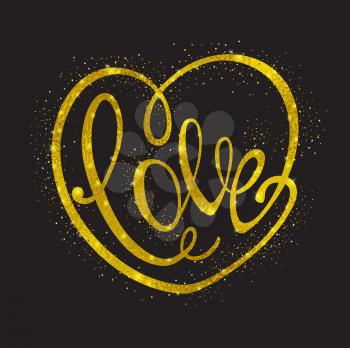 Romantic design with love calligraphy for Valentine's day. Vector golden glittering heart on a black background 