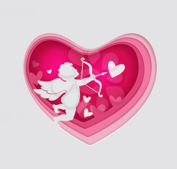 Vector cut out of paper pink heart with cupid. Romantic Valentine background. Holiday greeting card
