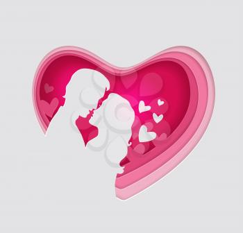 Vector cut out of paper pink heart with couple in love. Romantic Valentine background with man and woman. Holiday greeting card