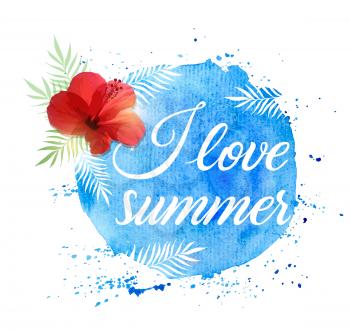 Summer tropical background with palm leaves, red hibiscus flower and blue watercolor texture. Vector illustration.