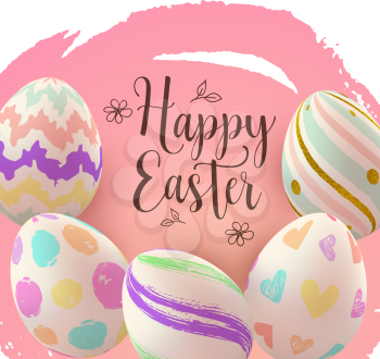 Easter greeting card with hand painting eggs on a pink background. Vector illustration. Happy Easter lettering