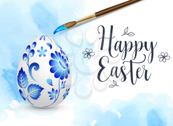 Hand painted Easter egg and paintbrush on a blue watercolor background. Russian folk painting art style Gzhel. Vector illustration. Happy Easter lettering