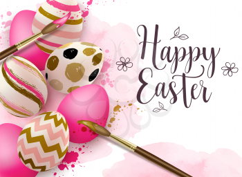 Hand painted pink Easter eggs and paintbrush on watercolor background. Vector illustration. Happy Easter lettering