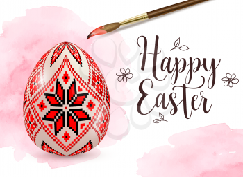 Hand painted decorative Easter egg with red ornament and paintbrush. Ukrainian traditional folk painting art style. Realistic vector illustration. Happy Easter lettering