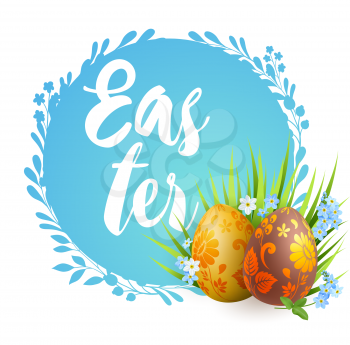 Decorative orange Easter eggs, blue spring flowers and green grass. Festive background. Vector illustration. 