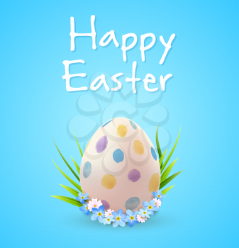 Decorative Easter egg, blue spring flowers and green grass. Festive background. Vector illustration. Happy Easter lettering