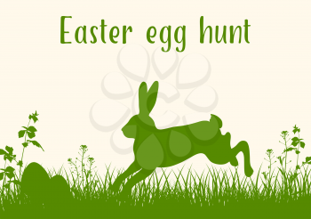 Easter green background with silhouettes of rabbit, grass and eggs. Easter egg hunt concept. Vector illustration