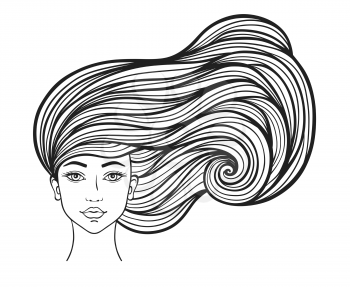 Beautiful girl with long curly hair on a white background. Hand drawn vector illustration.