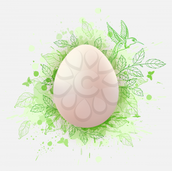 Decorative Easter greeting card with egg, green leaves and bird. Festive background. Vector illustration. Holiday greeting card.