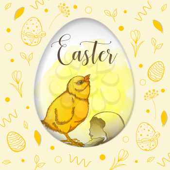 Decorative cut out of paper Easter card with chicken on a yellow watercolor background. Vector illustration.