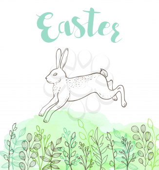 Decorative Easter greeting card with rabbit and green watercolor texture. Festive background. Vector illustration. 