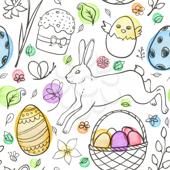 Hand drawn doodle Easter seamless pattern with eggs, rabbit and chicken on a white background. Vector illustration.