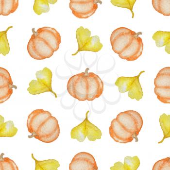 Watercolor seamless pattern with orange ripe pumpkin and yellow leaves on a white background