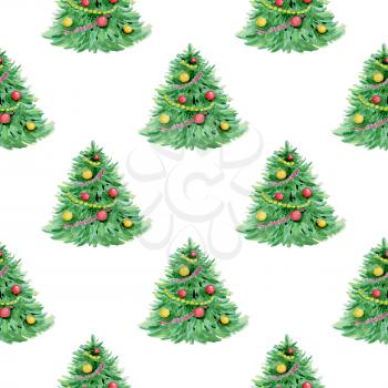 Decorative hand drawn watercolor seamless pattern with Christmas tree on a white background
