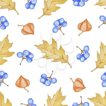Floral watercolor seamless pattern with yellow oak leaves and blue berries on a white background