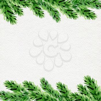Hand drawn watercolor Christmas background with green fir branch.
