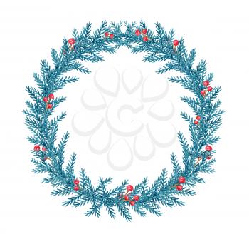 Decorative hand drawn watercolor Christmas wreath. Green fir branches and red berries on a white background.