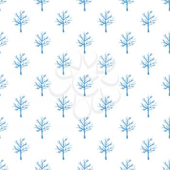 Decorative hand drawn watercolor seamless pattern with blue trees on a white background