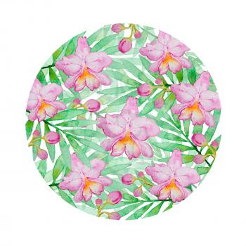 Floral background with pink watercolor orchids and green palm branch. Hand drawn tropical background
