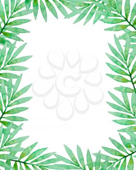 Floral frame with green watercolor palm branch. Hand drawn tropical background