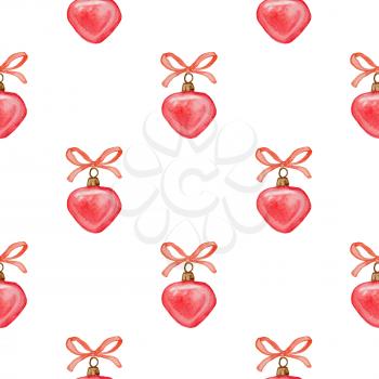 Decorative hand drawn watercolor Christmas seamless pattern with red decorations on a white background