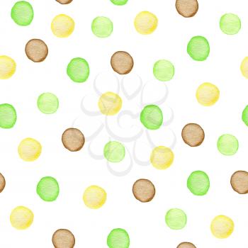 Decorative watercolor seamless pattern with polka dots. Green and yellow round blots on a white background