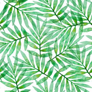 Tropical watercolor seamless pattern with green palm leaves on a white background