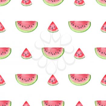 Watercolor seamless pattern with slices of red ripe watermelon on a white background