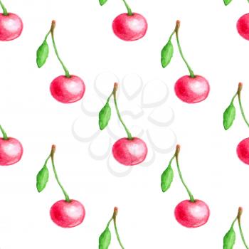 Watercolor summer seamless pattern with red cherry on a white background