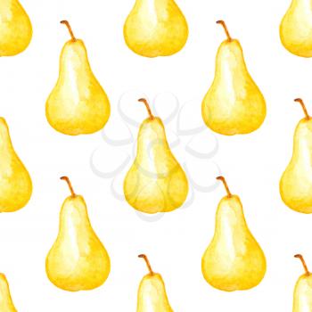 Watercolor summer seamless pattern with ripe yellow pears on a white background