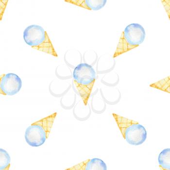 Watercolor seamless pattern with blue ice cream in a waffle cone on a white background