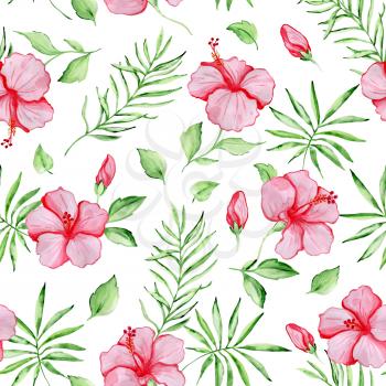 Watercolor tropical seamless pattern with red hibiscus flowers and green palm leaves on a white background