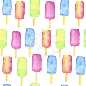 Watercolor seamless pattern with blue, pink and green ice cream on a white background