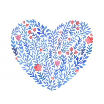 Watercolor floral heart of blue leaves and pink flowers isolated on a white background