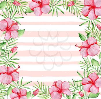 Watercolor tropical floral frame with red hibiscus flowers, green palm leaves and pink lines on a white background