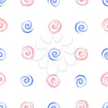 Abstract watercolor seamless pattern with pink and blue spirals on a white background