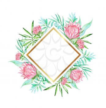 Watercolor tropical floral banner with pink flowers and green palm leaves on a white background