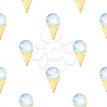 Watercolor seamless pattern with blue ice cream in a waffle cone on a white background