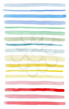 Set of colorful watercolor lines isolated on a white background. Blue, pink, green and yellow watercolor blots.