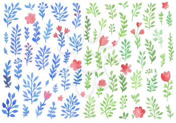 Set of watercolor florals isolated on a white background. Blue and green flowers and leaves. 