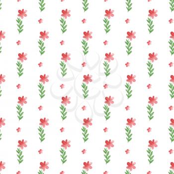 Watercolor floral seamless pattern with pink flowers and green leaves on a white background