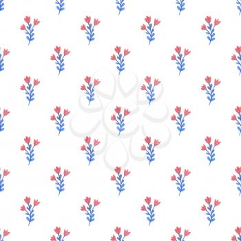 Watercolor floral seamless pattern with blue and pink flowers on a white background