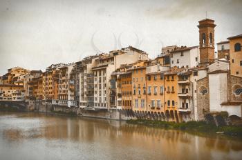 Vintage travel card. Old houses on the Arno River and Ponte Vecchio in Florence, Italy 